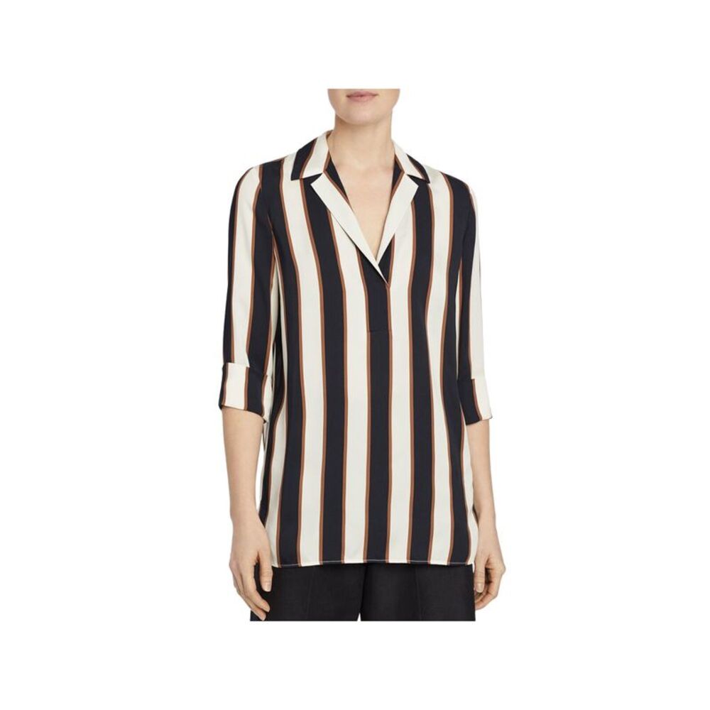 LAFAYETTE 148 Womens Black Striped 3/4 Sleeve Collared Wear To Work Blouse M